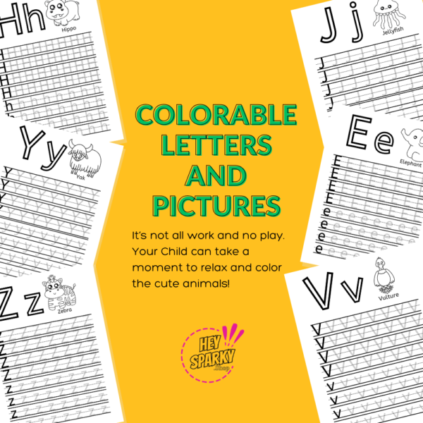 explaining that the there are Letters and Pictures to color with examples of the H, Y, Z, J, E and V pages on a yellow background.