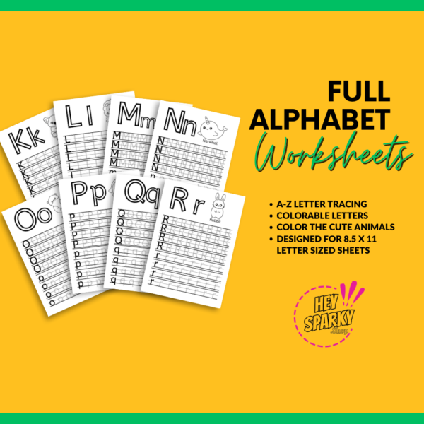 example of the K, L, M, N, O, P, Q, and R pages from the workbook but also showing that the full alphabet will be provided and there are colorable letters and cute animals on a yellow background.