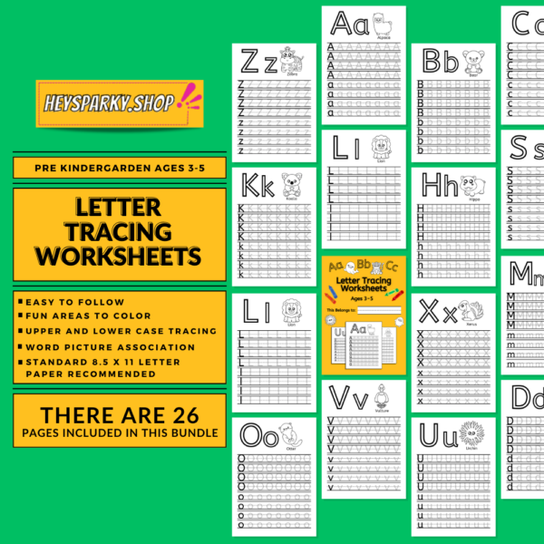 Explains that this is a workbook for ages 3-5, and that its easy to follow. The workbook will have Upper and Lowercase tracing letters and will be 26 pages included in document on a green background with smaller page examples to visualize.