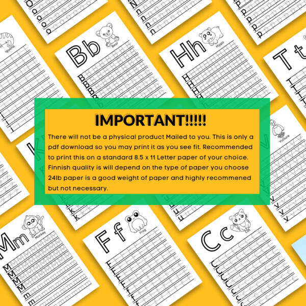 Description of the product will be a digital download for a standard letter paper size of 8.5in. x 11in. with small examples of the alphabet letter tracing Pages displayed on a yellow background.