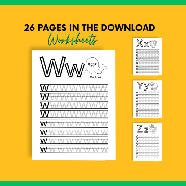 Larger example of interior pages of the workbook on a yellow background.