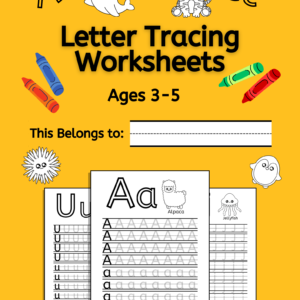 A bright yellow Letter Tracing Worksheets cover, with illustrations indicating that this workbook will be focused on ages 3-5.