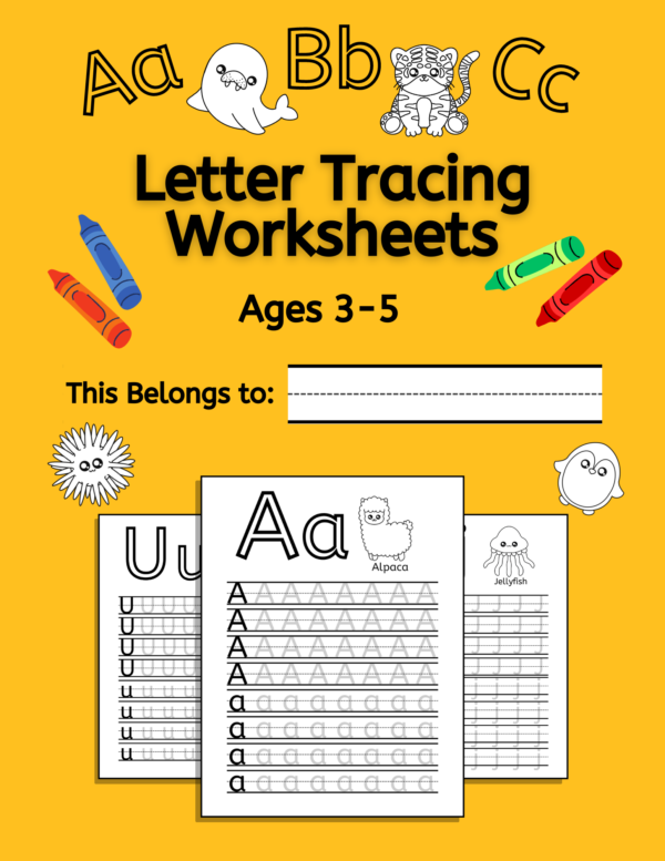 A bright yellow Letter Tracing Worksheets cover, with illustrations indicating that this workbook will be focused on ages 3-5.